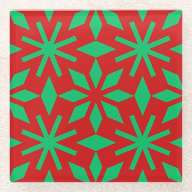 Red and Green Christmas Snowflakes Pattern Glass Coaster (Front)