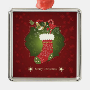 Red And Green Christmas Stocking Metal Ornament