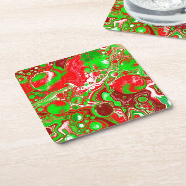 Red and Green Christmas Swirls  Square Paper Coaster (Angled)