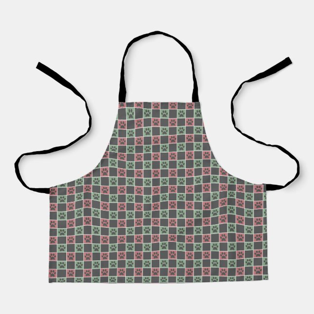 Red and green Christmas Themed Paw print pattern Apron (Front)