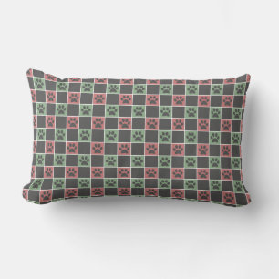 Red and green Christmas Themed Paw print pattern Lumbar Cushion