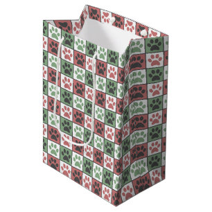 Red and green Christmas Themed Paw print pattern M Medium Gift Bag