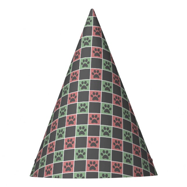 Red and green Christmas Themed Paw print pattern  Party Hat (Front)
