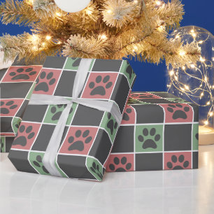 Red and green Christmas Themed Paw print pattern Wrapping Paper