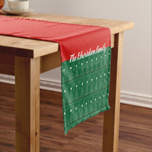 Red and green Christmas trees border family name Short Table Runner