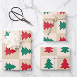 Red and Green Christmas Trees Pattern Wrapping Paper Sheet