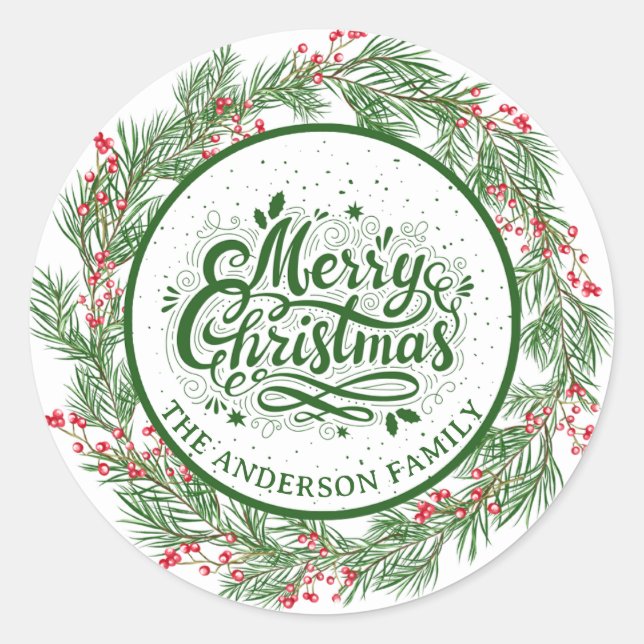 Red And Green Christmas Wreath  Classic Round Sticker (Front)