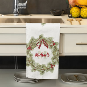 Red and Green Christmas Wreath Custom Tea Towel