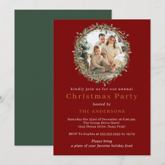 Red and green Christmas wreath photo holiday party Invitation