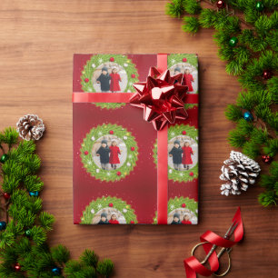 Red and Green Christmas Wreath Repeating One Photo Wrapping Paper