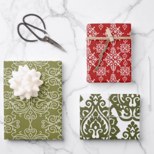 Red and Green Classic Damask Pattern Christmas Wrapping Paper Sheet