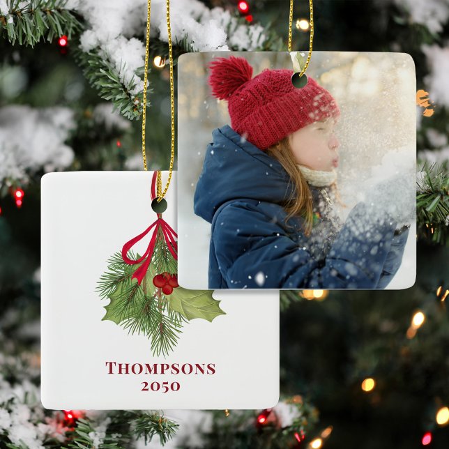 Red and Green Classic Holly Photo Custom Ceramic Ornament (With simple block-style lettering and elegant red ribbon. )
