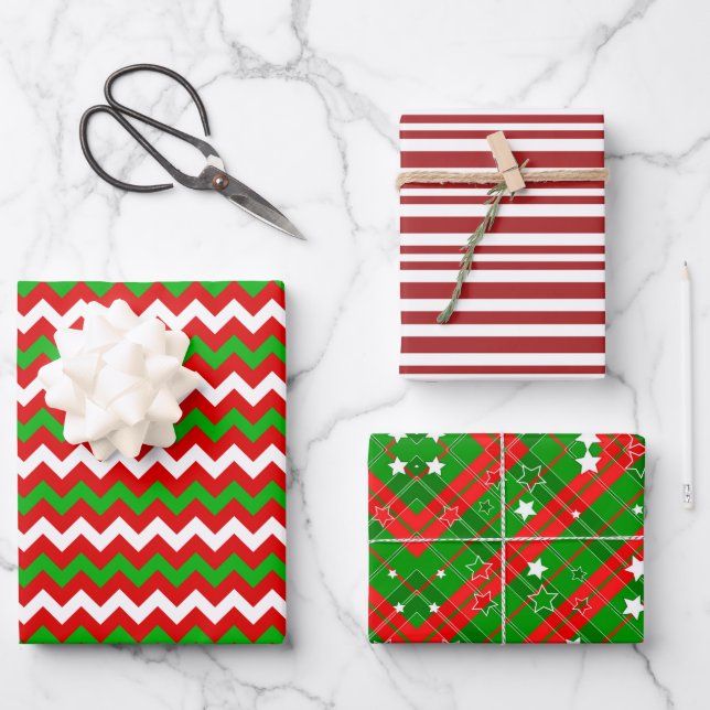 Red and Green Classic Stripes Christmas Wrapping Paper Sheet (Front)