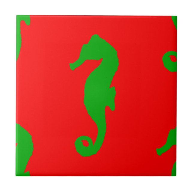 Red And Green Coastal Christmas Seahorse Pattern Tile (Front)