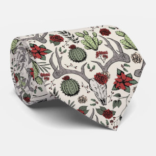 Red and Green Country Christmas Deer Head Antlers Tie