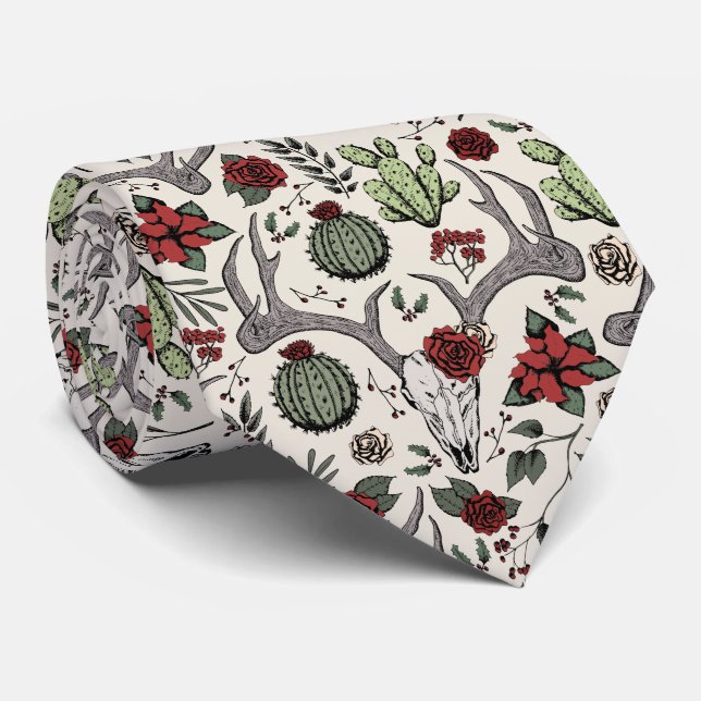 Red and Green Country Christmas Deer Head Antlers Tie (Rolled)