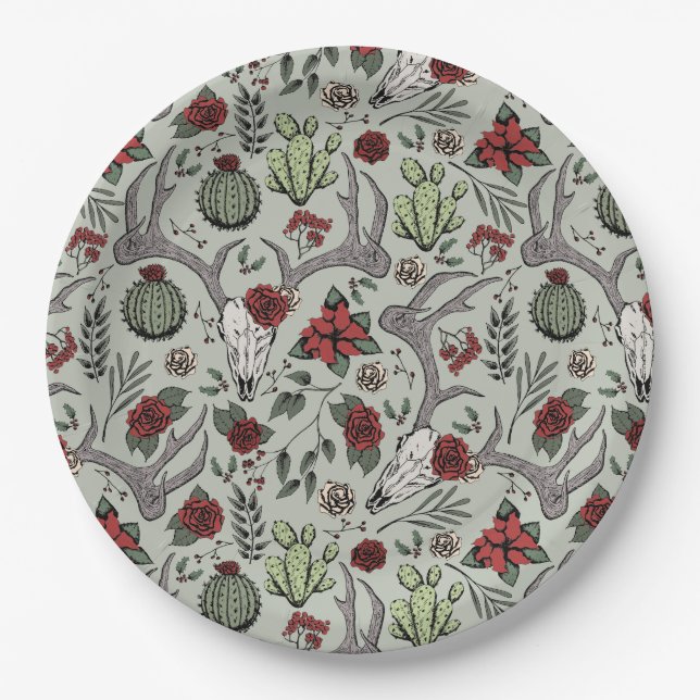 Red and Green Country Cowgirl Christmas Antlers Paper Plate (Front)