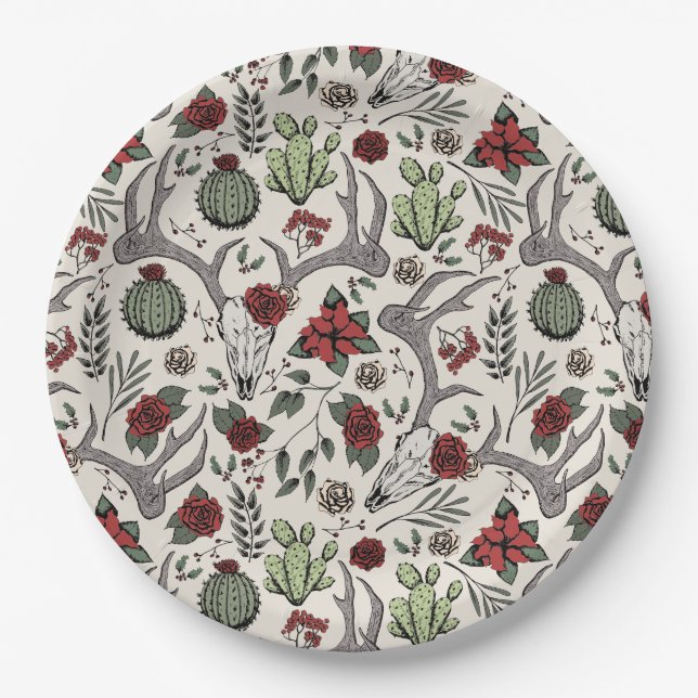 Red and Green Country Cowgirl Christmas Antlers Paper Plate (Front)
