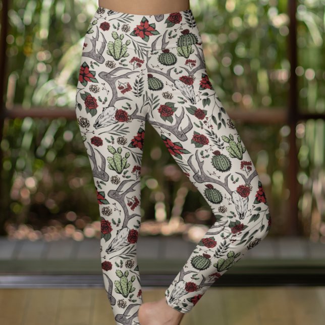 Red and Green Country Cowgirl Deer Skull & Antlers Leggings (Southwestern Hand Drawn Pattern. Reindeer Skulls, Red Roses, Cactus Plants, Poinsettias on Cream.)
