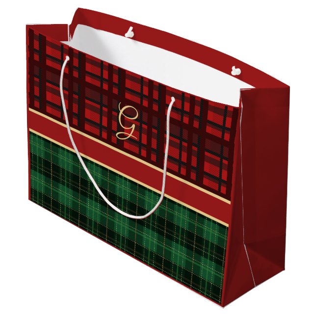 Red and Green Cozy Plaid with Gold Initial Large Gift Bag (Back Angled)