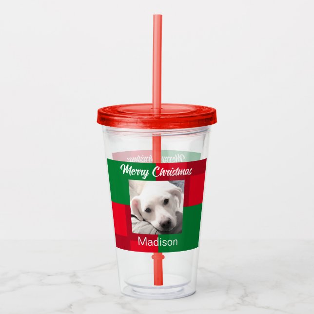 Red and Green Cute Dog Photo Holiday Acrylic Tumbler (Front)