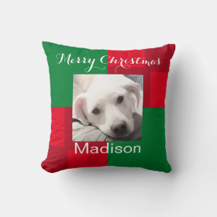 Red and Green Cute Dog Photo Holiday Cushion