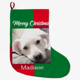 Red and Green Cute Dog Photo Holiday Large Christmas Stocking