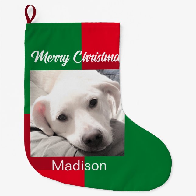 Red and Green Cute Dog Photo Holiday Large Christmas Stocking (Front)