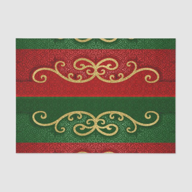 Red and Green Damask Elegance with Gold Accents Tissue Paper (Front)