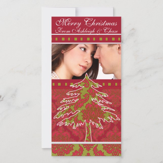 Red and Green Damask Pine Holiday Family Pictures (Front)