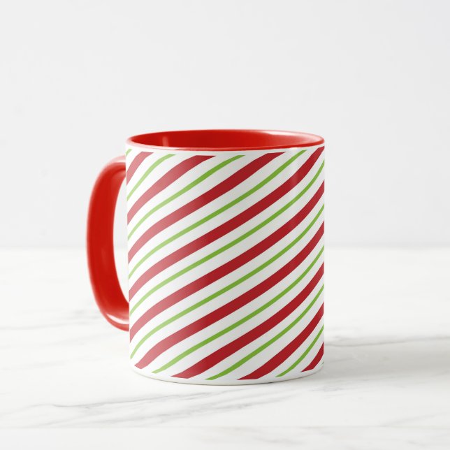 Red and Green Diagonal Holiday Stripes Mug (Front Left)