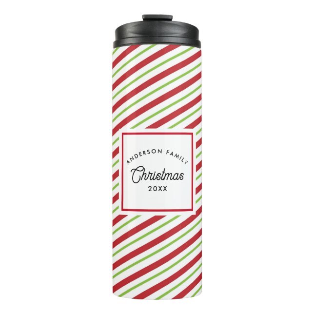 Red and Green Diagonal Holiday Stripes Thermal Tumbler (Front)
