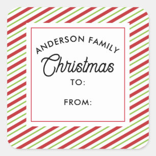 Red and Green Diagonal Stripes Holiday Square Sticker
