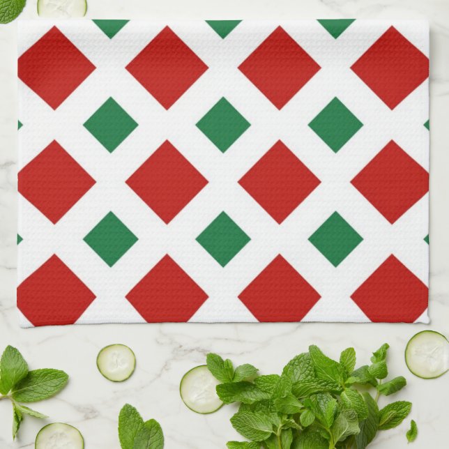 Red and Green Diamonds on White Tea Towel (Folded)