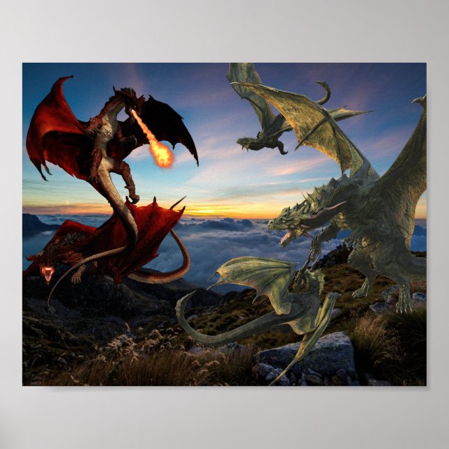 Red and Green Dragon Battle Fantasy Poster (Front)