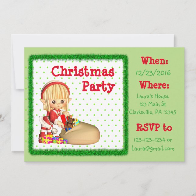 Red and Green Elf  Christmas Party Invitation (Front)