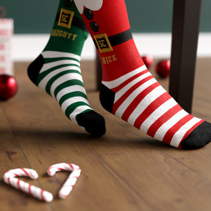 Red and Green Elf Naughty and Nice Christmas Socks