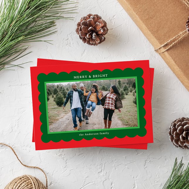 Red and Green Elf Style Simple Scallop Photo Frame Holiday Card (Creator Uploaded)