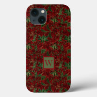 Red and Green Faux Velvet Pattern with Initial