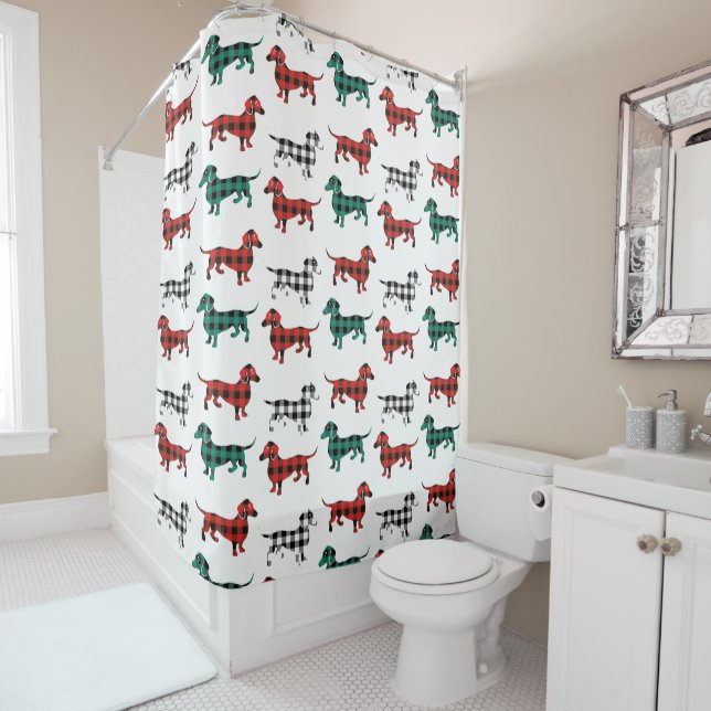 Red and Green Flannel Dachshund Plaid Shower Curtain (In Situ)