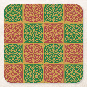 Red and Green Fleur-de-lis Pattern Square Paper Coaster