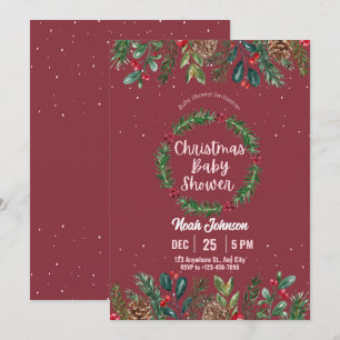 Red and Green Floral Christmas Baby Shower Invitation