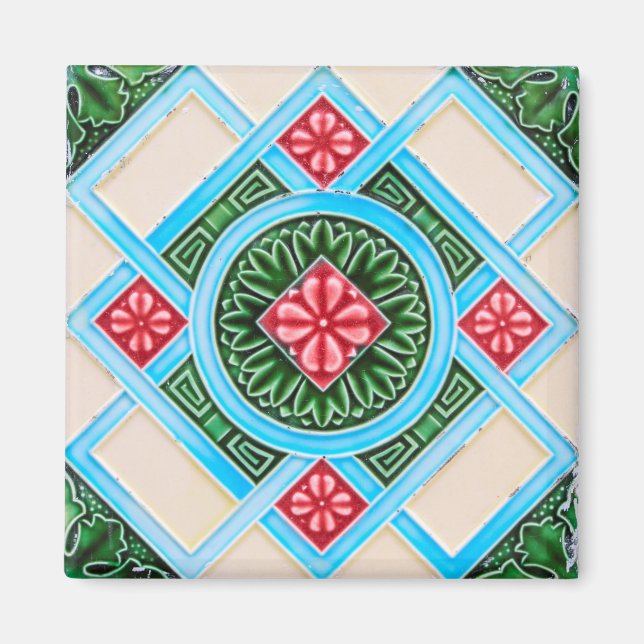 Red And Green Floral Ornamental Tile Magnet (Front)
