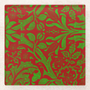 Red and Green Floral Pattern Glass Coaster