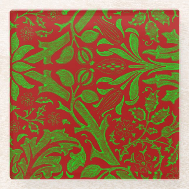 Red and Green Floral Pattern  Glass Coaster (Front)