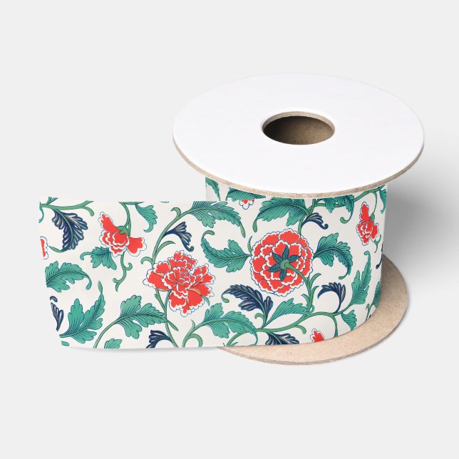 Red and Green Floral Pattern Satin Ribbon (Spool)