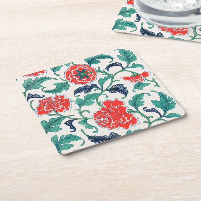 Red and Green Floral Pattern Square Paper Coaster (Angled)