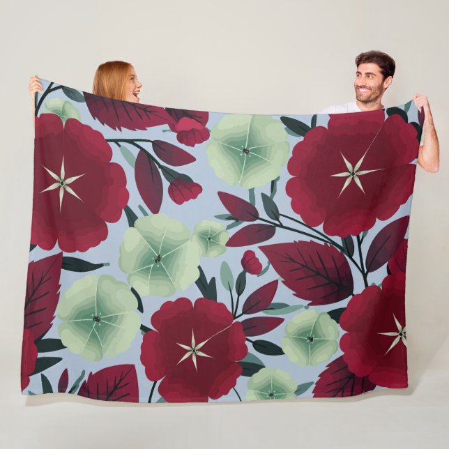 Red and Green Floral Pattern with Leaves Fleece Blanket (In Situ)