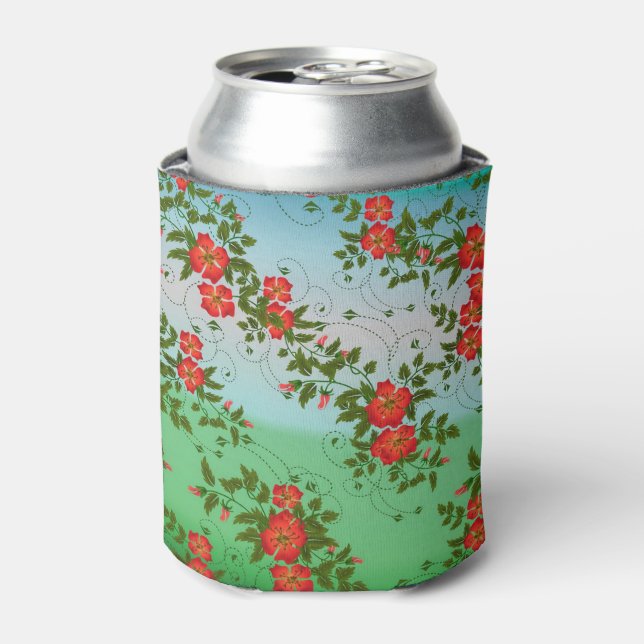 Red and Green Flower Pattern Can Cooler (Can Front)