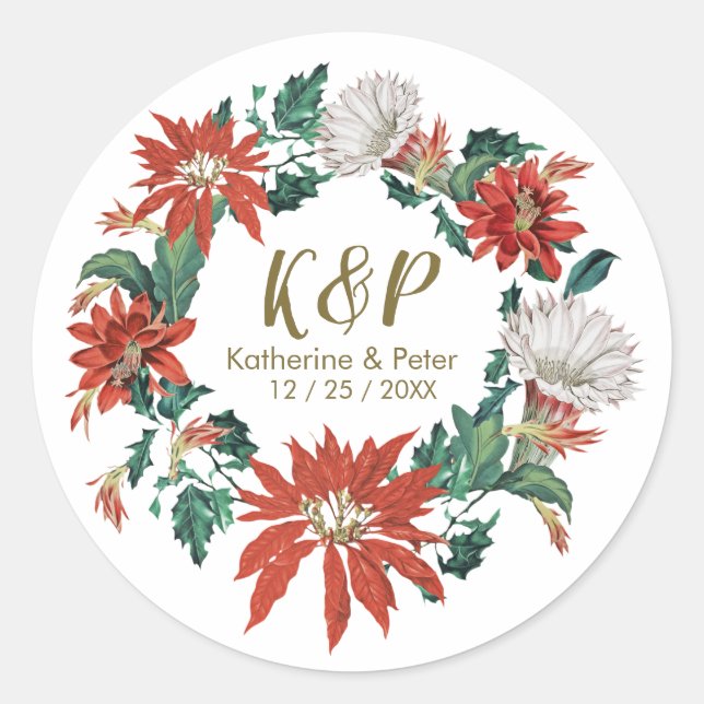 Red and Green Flower Wreath Classic Round Sticker (Front)